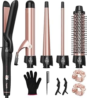 Lopeie 5 in 1 Curling Iron with Thermal Brush and 4 Interchangeable Ceramic Barrels(1/2 to 1 1/2 inch), Curling Wand Set with Flat Iron, Fast Heating, Dual Voltage Hair Curler, Gifts for Women