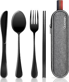 Travel Utensils with Case, Quatish Portable Silverware Set for Work, Stainless Steel Reusable Travel Cutlery Set, Fork and Spoon Set for Camping, Picnic, Gadgets, Lunch Box for Men, Black