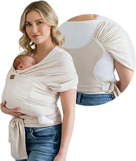 TAB Baby Wrap Ring Sling Carrier, Newborn to Toddler, Adjustable Ergonomic Design for Mom & Dad, Soft Breathable One-Handed Nursing Cover, Baby Shower & Registry Gift, Beige & Gold Rings