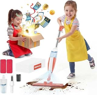 Kids Spray Mop Cleaning Set, Washable Pads, for Ages 3-8, with Stickers | Chores Chart Set Montessori Cleaning Set Toy, Real Water Sprayer , 2PCS Washable Pads, 10PCS Disposable Mop Pads, Pink