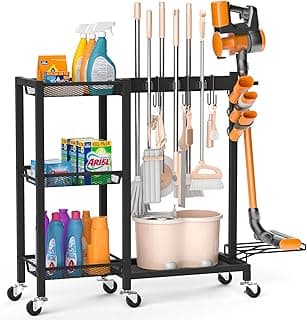 Load 350 LBS, Cleaning Cart with Wheels, 3-Tier Shelves, 6 Mop Hanger Grippers & 3 Double-Hooks, Vacuum Stand for Laundry