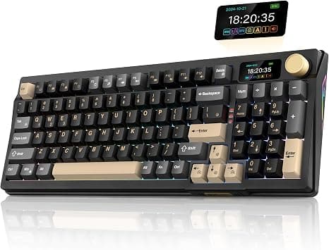 _SKIP_RedThunder K95 Wireless Mechanical Keyboard, TFT Screen & Knob, Tri-Mode BT5.0/2.4GHz/USB-C Hot Swappable Custom, Pre-lubed Linear Pink Switches, Gasket Structure, RGB Gaming Keyboard, Black-Gold