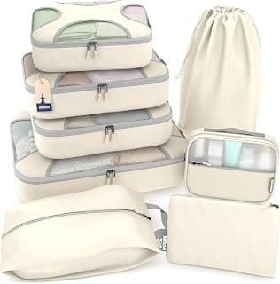 8 Set Packing Cubes for Travel, Shoe & Toiletry Bags (Sand)