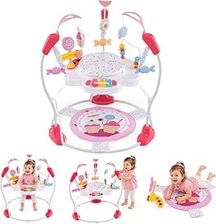HONEY JOY Baby Bouncer Activity Center, Infant Jumper and Table w/ 360° Rotary Seat, 3 Adjustable Heights, Mat, Music, Lights, Sounds & Developmental Toys, Activity Center for Babies (Pink)