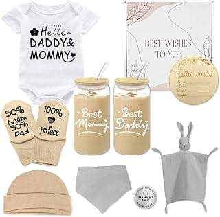 New Parents Gifts Set for Women,11Pcs Pregnancy Gifts Basket for New Mom and Dad with Glass Cups,Unique Gender Reveal Gift,First Time Mom Essentials,Baby Shower Gift Set