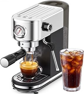 Compact Stainless Steel Coffee Maker with 44oz Removable Water Tank for Cappuccino, Latte, Anti-fingerprint, Black and Silver