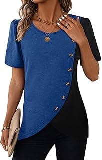 MixShe Womens Color Block Tops Short Sleeve Button Asymmetrical Casual Crewneck Pullover Shirts