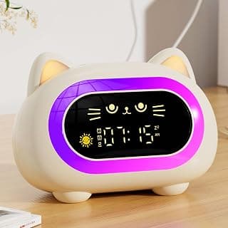 Cute Cat Design Ok to Wake Clock, 7 Soothing Sounds, Auto-off Timer, Dual Alarm, Child Lock, Birthday Gift for Kids Girls