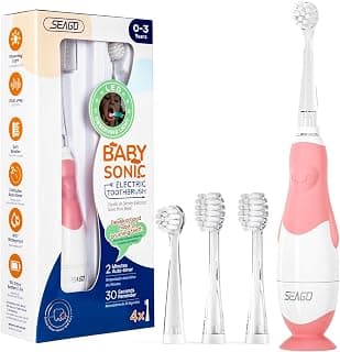 4 soft mini brush heads, gentle 17,000 vibrations/min and 2-minute timer. IPX7 waterproof, suction base and AAA-powered.