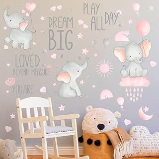 Outus 7 Pcs Dream Big Little One Elephant Nursery Wall Stickers Wall Decor Baby Room Moon Hot Air Balloon Pink Grey Stars Decals for Kids Living Room Bedroom Decorations Home Decor