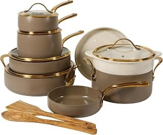 Bloomhouse 15-Piece Ceramic Nonstick Cookware Set, Two Time Oprah's Favorite Things, Heavy-Gauge Aluminum Pots and Pans Set, PFAS & PFOA & PTFE Free Ceramic Cookware, Oven Safe to 500°F, Cappuccino