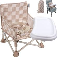 Tiny Marvels 3-in-1 Baby Chair, Portable & Foldable for Travel, Ages 6M-3Y | BPA-Free & 3-Point Harness for Safety, Removable Tray & Carry Bag, Non-Slip & Reinforced Frame for Stability, Sand Checker