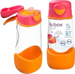b.box 15oz Sport Spout Kids Water Bottle for School, Sports, Daycare - No-Straw Design for Easy Cleaning - Leakproof - Ergonomic Triangle Grip - Dishwasher Safe, BPA Free, PFAS Free - Strawberry Shake