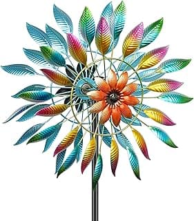 64in Wind Spinners Outdoor, Garden Wind Spinner Windmill with 5 Prong Base Stand, Metal Pinwheels for Yard Lawn Yard Art Outdoor Decor(A-Colorful)