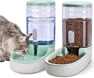 Kacoomi Automatic Dog Cat Feeder and Water Dispenser Gravity Food Feeder and Waterer Set with Pet Food Bowl for Small Medium Dog Puppy Kitten, Large Capacity 1 Gallon x 2