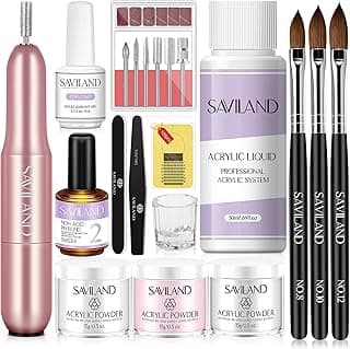 SAVILAND Acrylic Nail Kit with Drill for Beginners, White Pink Clear | Acrylic Powder and Liquid, 100 Forms, Size 8 10 12 Brushes, Primer, Top Gel & Tools, For Extensions, Home DIY and Salon Use