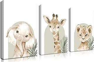 Nursery Wall Decor Set of 3, Cute Animal Lion Elephant Baby Pictures Poster Prints, Giraffe Jungle Canvas Wall Art Woodland Nursery Decor for Boys Girls Room Decoration 12x16 inch Framed