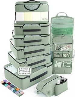 10 Set Packing Cubes for Travel Essentials,Anti-Wrinkle Buckled Suitcase Organizer for Shoe & Toiletry Bag,Carry On Luggage Bag with 99+ Count Mesh Holes for Airplane & College Dorm Accessories