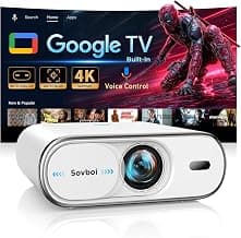 4K Projector with Google TV:3000 Brightness/Auto Lens Cap & 4D Keystone/Auto Focus & AI Voice Control, Sovboi Portable Outdoor Projector with WiFi & Bluetooth, Smart Movie Proyector for Streaming Apps