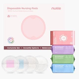Nuliie 100 PCS Disposable Nursing Pads for First-Time Buyers to Find Match | 4 Materials Trial (Viscose from Bamboo, Classic, Blue Core, Pink Care), Breastfeeding Essentials for New Moms
