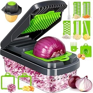 Vegetable Chopper, 12-in-1 Food Veggie Chopper Cutter with Container | 7 Sharp Blades Dice, Slice, Shred and Grate for Salads, Onions and Meal Prep, with a Non-Slip Base and Drain Basket