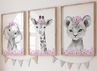 Safari Animals Baby Girls Nursery Set of 3 Unframed Wall Art Prints, Gray Baby Animals with Pink Flowers, Child Bedroom Nursery Decor Posters, Giraffe Elephant Lion (8x10)