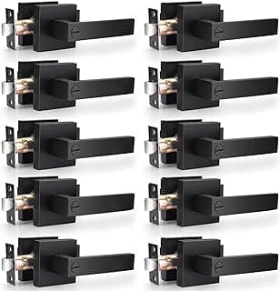 Probrico 10 Pack| Matte Black Door Handles Privacy Door Levers, Heavy Duty Bed and Bath Door Locks Interior Keyless Locksets, Reversible Flat Levers with Square Rosette