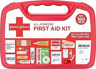 BAND-AID Brand All-Purpose Portable Compact First Aid Kit, 160 Piece | Emergency Wound Care Essentials with Adhesive Bandages, Gauze & Pain Relief for Home, Car, Dorm, Camping, Cruise & Travel
