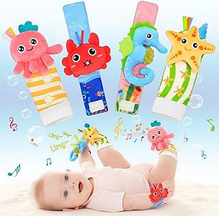 Baby Wrist Rattle Foot Finder Socks Set, CPC Safe Sensory Plush Toys for 0-12 Months Newborn Boys Girls, Ocean Rattles Baby Shower Registry Gift for Expecting Moms Essentials