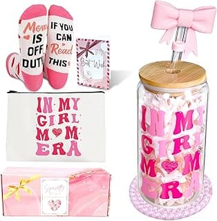ANOTION In My Girl Mom Era Gift Set - Mama Birthday Gift | Girl Mom Iced Coffee Cups, Thanksgiving Coffee Mug with Straw, New Mothers Gifts Card