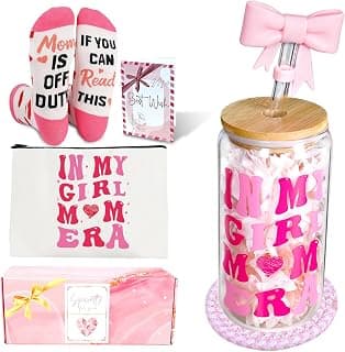 ANOTION In My Girl Mom Era Gift Set - Mama Birthday Gift | Girl Mom Iced Coffee Cups, Thanksgiving Coffee Mug with Straw, New Mothers Gifts Card