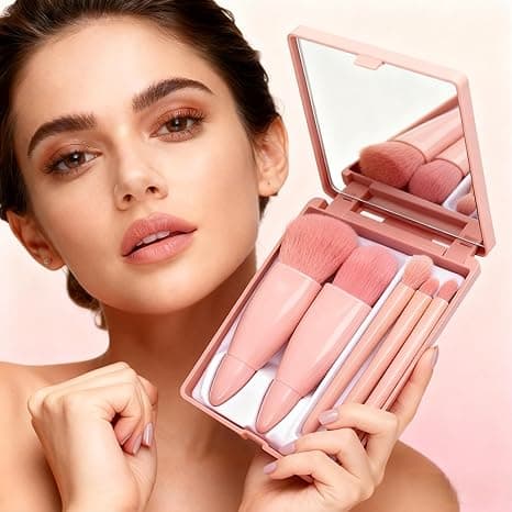 Amazon Deal Alert: 5pc Makeup Brush Set with Mirror & Storage Box – Portable Multifunctional Powder/Blush Brush, Mini Foundation & Eyeshadow Brushes for On - the - Go Beauty Touch - Ups