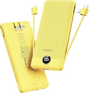 VEGER Portable Charger with Built-in AC Plug and Cables, All in One 10000mAh Ultra Slim Power Bank Travel Essentials, Fast Charging Battery Pack Compatible with iPhone, Samsung, Android (Yellow)