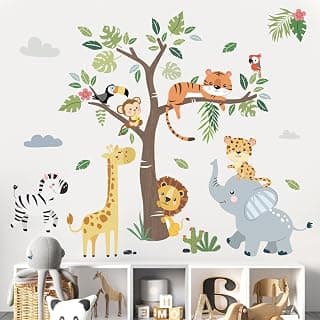 decalmile Jungle Animals Tree Elephant Wall Decals Stickers Nursery Decor | Peel and Stick Decals for Walls, DIY Wall Art Stickers, Removable & Wall-Safe, Vibrant Colors Wall Decor