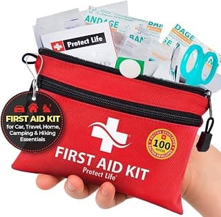 Protect Life Travel First Aid Kit for Car - Small Mini Emergency Kit, 100 Piece Waterproof First Aid Kit for Home, Camping, Boat & Hiking - Includes Emergency Blanket & First Aid Guide