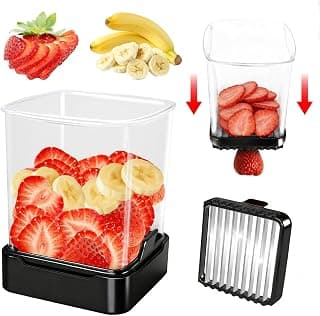 Fruit Slicer Cup for Strawberry, Banana, Hard-Boiled Egg - Detachable Cutter with Push Plate - 304 Stainless Steel Blade - Rapid & Safe Slicing Kitchen Gadget for Quick Meal Prep (Black)