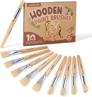 JUPITEARTH Natural Wood Handle Paint Brushes for Kids, 10-Pack | Jumbo Size, Easy-Grip Round and Flat Toddler Paint Brushes, Preschool Painting Brushes for Washable and Acrylic Paint