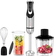 Bonsenkitchen Immersion Blender with Food Processor,12 Speeds & Turbo Mode | 4-In-1 Hand Blender with Stainless Steel Blade, Beaker & Chopper Bowl, Stick Mixer for Baby Food,Smoothies, Soups & Sauces
