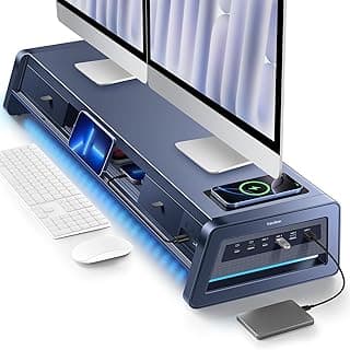 Vaydeer All-in-One Dual Monitor Stand Riser with 2 Drawers, 8USB Ports and Wireless Charging Pad with LED Light Strip for 2 Monitors , Desk Organizer for PC, iMac (Metal, 39.3 inches)