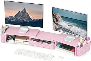 Spacrea Dual Monitor Stand Riser with Drawer and 2 Pen Holders | Monitor Stand with Storage Monitor Riser for Desk Computer Stand Office Organization (Pink)