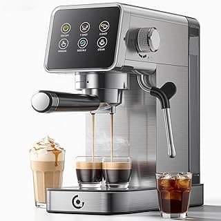 1350W fast heat, 44oz tank, manual steam wand for latte art. LCD display with real-time brewing status