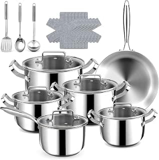Stainless Steel Cookware Set - 21 PCS Pots and Pans Set with 3-Ply Stainless Steel Frying Pan, Professional Kitchen Cooking Set, Induction Compatible, Oven & Dishwasher Safe