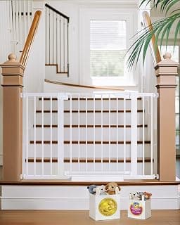 Cumbor 29.7-48" Baby Gate for Stairs, Mom's Choice Awards Winner-Dog Gates for Doorways, Auto Close Safety Pet Gate for Dogs Indoor, Easy Install Pressure Mounted Child Gate with Walk Thru Door, White