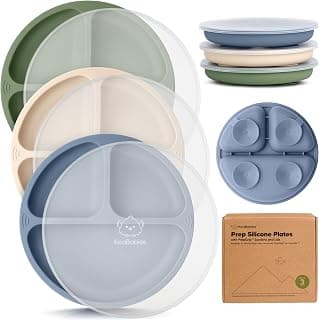 KeaBabies Suction Plates with Lids for Baby, 3-Pack, 100% Silicone (Slate) | Silicone Toddler Plates with Suction, Divided, Kids Baby Led Weaning Essentials, Dishwasher Safe, Microwave Safe, BPA-Free