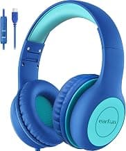 EarFun K1 Kids Headphones Wired with Mic, USB Type C Headphones for Kids | 85/94dB Volume Limit, Portable Wired Headphone with Shareport, Stereo Sound Foldable Headset for School/Toddler/Tablet, Blue