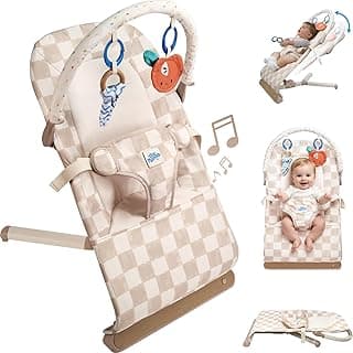 Tiny Marvels Baby Bouncer Seat 0–12 Months, Ergonomic Portable Design with 3-Point Harness, Soothing Music & Removable Bar, Foldable Baby Seat for Newborns & Toddlers Under 20 lbs