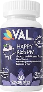 VAL Happy Kids PM | Sleep Support for Kids with Magnesium, Melatonin, Vitamin B6 & C | Sugar-Free Chewable | Blueberry Yogurt Flavor | Non-GMO, Gluten-Free | 60 Tablets | Ages 4+