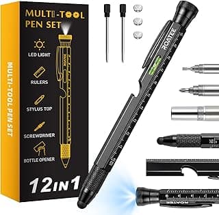 ROATEE Fathers Day Men Multi Tool Pen 12 in 1 Cool Stuff Gadgets Gift for Husband Dad Birthday Personalized Gifts Fidget Construction Pen with Small Screwdriver, Level, Ruler,Led Light, Black