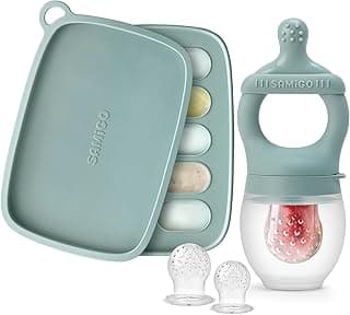 SAMiGO Baby Food Fruit Feeder & Popsicle Mold Set for Teething Relief | 3-6 6-12 Months, Freezer Teether, Frozen Teething Pacifier, Silicone Mesh Feeder, Breastmilk Food Tray, Feeding Essentials