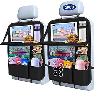 Car Backseat Organizer with Table Tray(2-Pack) 9 Storage Pockets Backseat Car Organizer and storage with Tablet Holder, Kick Mats Back Seat Cover for Kids family Road Trip Essentials Travel | 600d Oxford Fabric, Waterproof & Easy-Clean, Foldable Tray Stows Away, Adjustable Straps Fit Car Seats, Multi-Size Pockets
